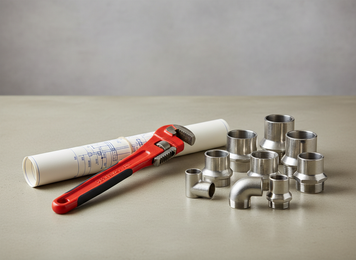 A collection of high-quality plumbing tools including a heavy-duty red pipe wrench, a rolled blueprint, and sleek stainless steel fittings meticulously arranged on a smooth neutral-toned workbench. The tools’ clean finishes and tactile textures reflect a commitment to professionalism. Soft studio lighting from above casts subtle shadows and highlights, emphasizing each tool’s precision craftsmanship. The atmosphere is one of competence and readiness, suggesting efficient service. Captured from a slightly elevated angle with balanced composition and structured layout, this photographic image exudes a modern, trustworthy business style relevant to professional plumbing solutions.