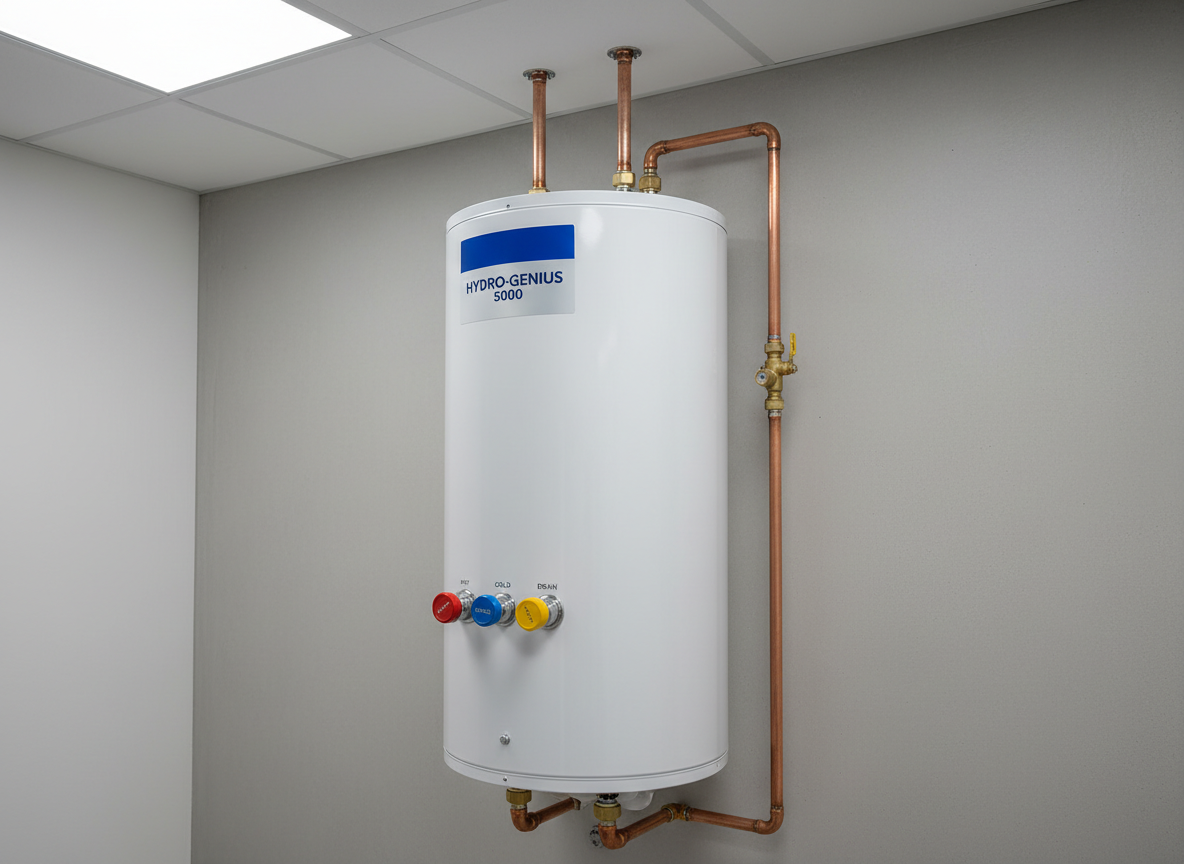 A pristine, newly installed water heater with a seamless white metal casing and clearly labeled valves, neatly positioned against a painted concrete utility wall. Pipework emerges from the heater in perfect alignment, copper surfaces polished and free of oxidation. Overhead, cool LED ceiling lights emit even, shadow-free illumination, highlighting the organization and attention to detail. The mood is calm, with an assurance of safety and expertise. Shot from a three-quarters perspective with uncluttered foreground and clean negative space, this corporate photographic image communicates reliability and thoroughness in plumbing installations.